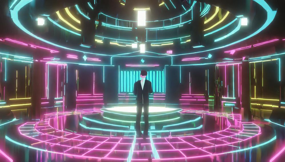 Firefly corporate speaker standing on a decorated semicircle stage, spotlights, screen in background.jpg