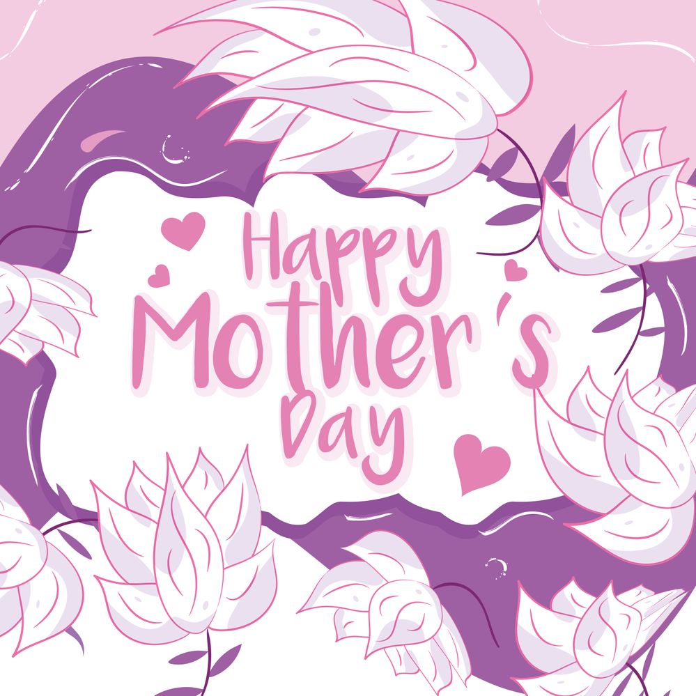 Happy mother's day illustrated card with pink flowers on purple background, printable and web banner.jpg