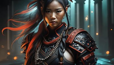 Firefly A futuristic female samurai figure with beads, straps, tattered draping cloth, leather armor.jpg