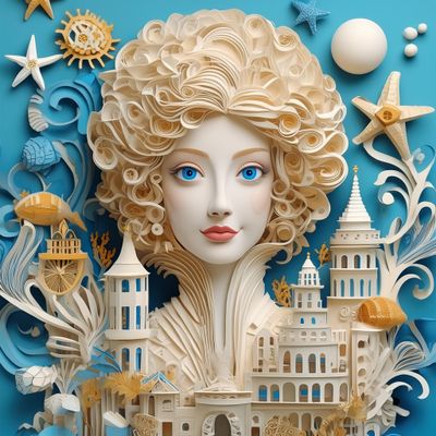 Firefly Paper sculpture style avatar young female with baroque elements, blond curly hair, and blue .jpg