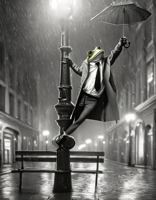 Firefly A dark two-toned frog holding an umbrella while hanging on a street light pole, wearing a we (3).jpg