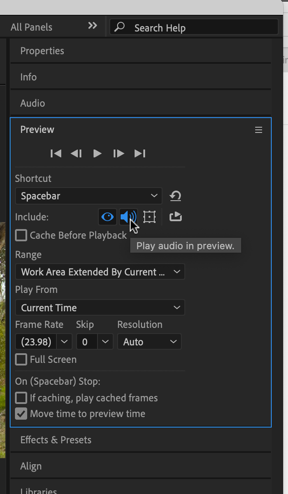 Pictured:  After Effects version 24.x with "Play audio in preview" enabled in the Preview panel.