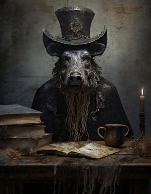 Firefly An evil, excited, boar medusa wearing an ornate hat,- behind an old table with old books, cl (1).jpg