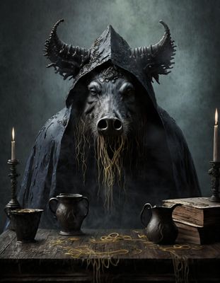 Firefly An evil, excited, medusa boar wearing an ornate hood,- behind an old wet table with old book.jpg