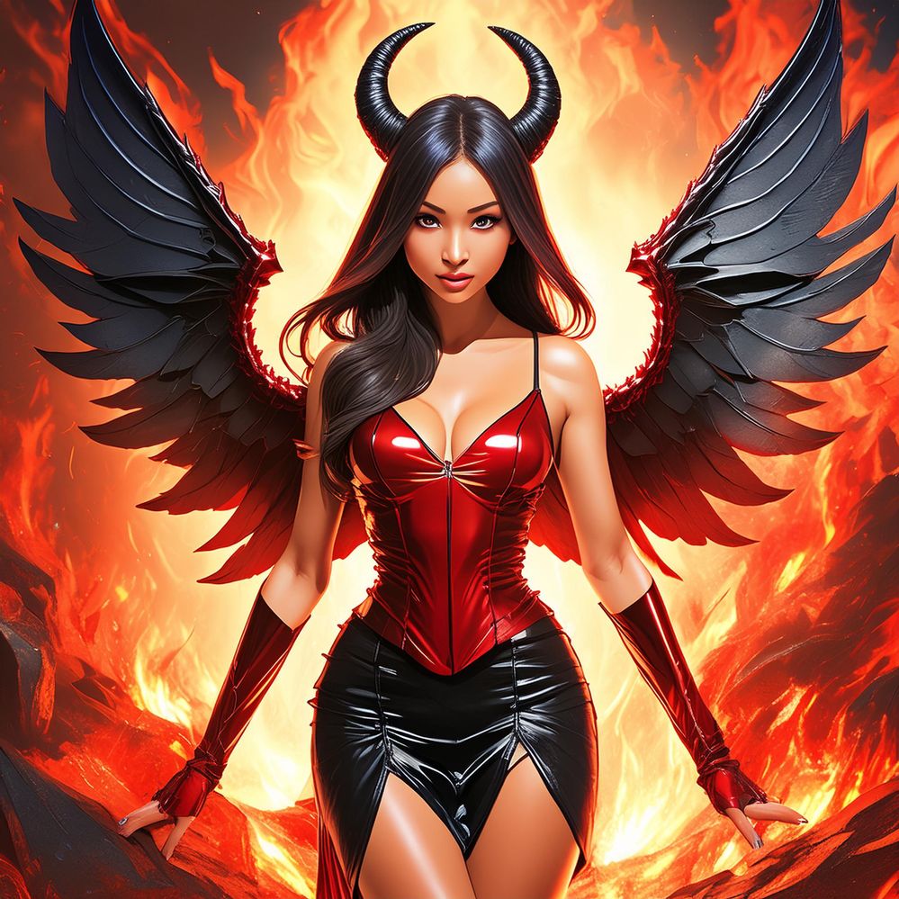 Firefly sexy devil or demon Caucasian woman with black wings and shiny red outfit with a dark fiery .jpg