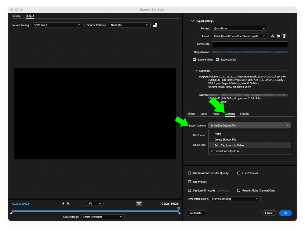 Pictured:  Adobe Media Encoder 2024 Export Settings dialog box with the Export Options pop-up menu options displayed under Captions for QuickTime file format from a Sequence with the Caption Track set to CEA-608 CC1.
