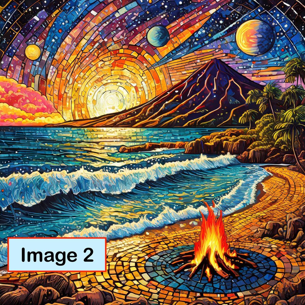 Firefly psychedelic mosaic tile art of a beach in Kona Hawaii at sunset. Stars and planets can be se.jpg