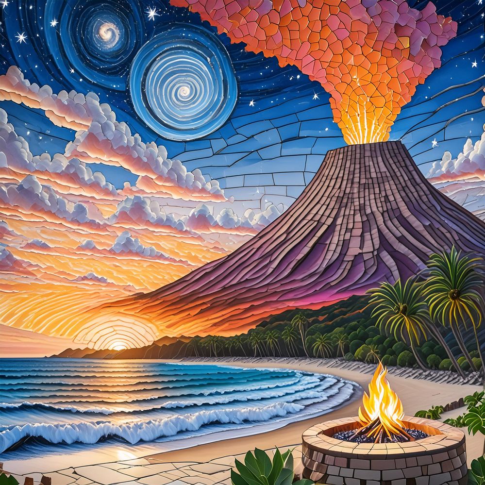 Firefly Psychedelic mosaic tile art of a beach in Kona Hawaii at sunset. Stars and planets can be se.jpg