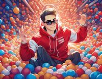Firefly portrait man in ball pit wearing a red and white hoodie, man has black glasses, anime style (1).jpg