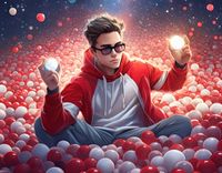Firefly 3d portrait man in a magical ball pit wearing a red and white hoodie, man has black glasses,(1).jpg