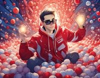Firefly portrait man in a magical ball pit wearing a red and white hoodie, man has black glasses, an(1).jpg