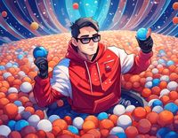 Firefly portrait man in ball pit wearing a red and white hoodie, man has black glasses, anime style .jpg