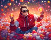 Firefly 3d portrait man in a magical colorful ball pit wearing a red and white hoodie, man has black.jpg