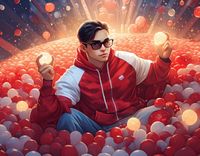 Firefly 3d portrait man in a magical ball pit wearing a red and white hoodie, man has black glasses,(2).jpg