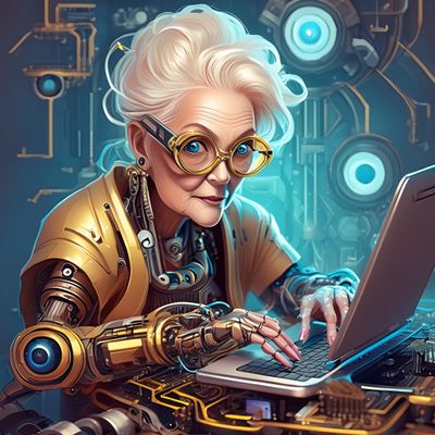 Firefly 70 jarige blonde vrouw die een laptop repareert met goede ogen 45604.jpg