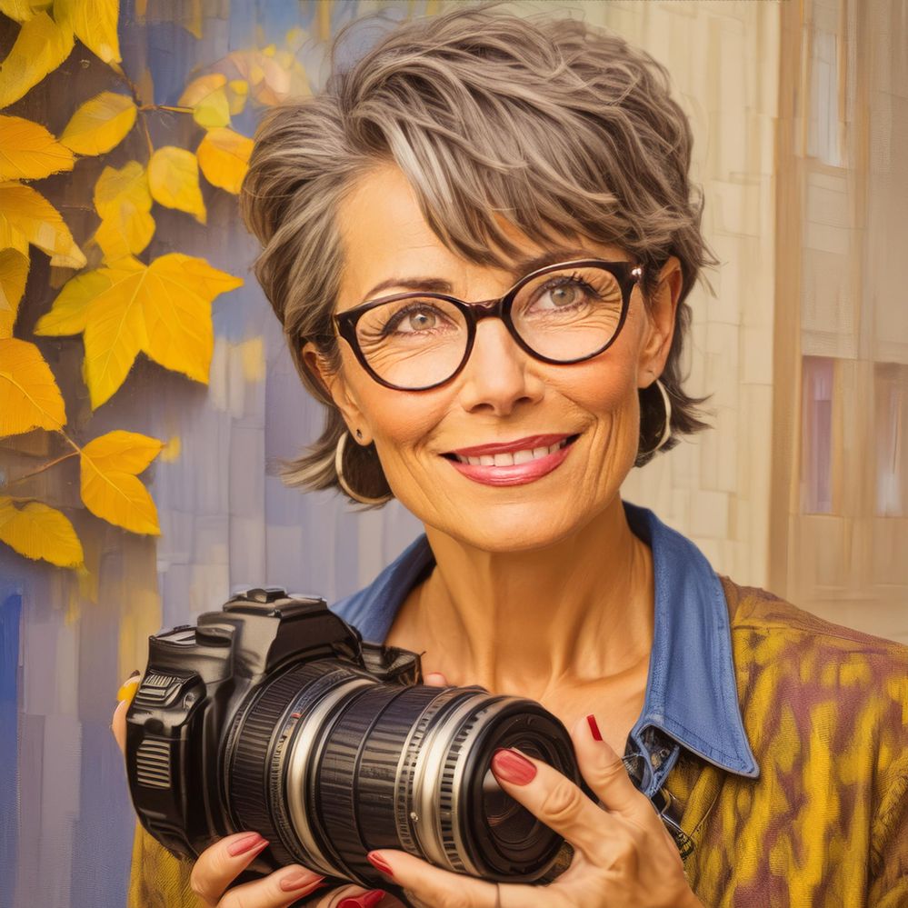 Firefly Middle age Caucasian short-brown-haired woman wearing wireframe eyeglasses holding canon DSL.jpg