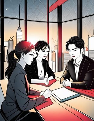 A family having a business meeting in an office with a great view for city skyline and night lights