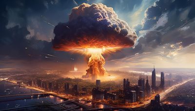 Firefly photo of a large atomic explosion mushroom cloud in a burning city at night; night, -fire an.jpg