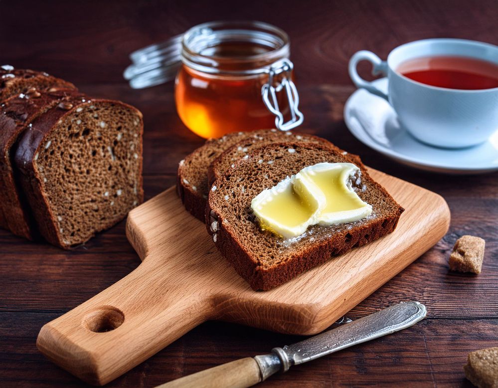 Firefly German dark rye bread with a spread of butter and a thick layer of honey on top on a wooden .jpg