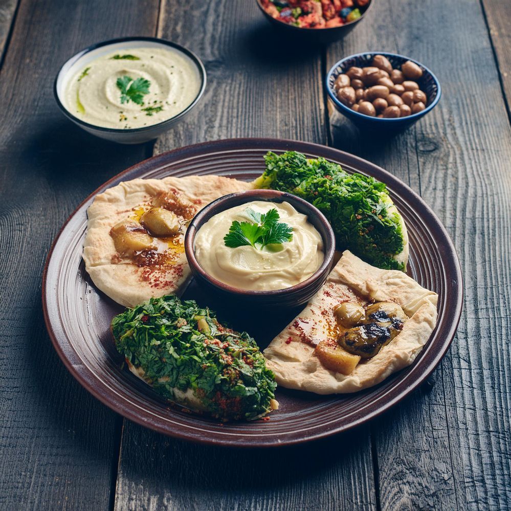 Firefly een bord met Libanese gerechten en humus, op een rustieke houten tafel 27772.jpg