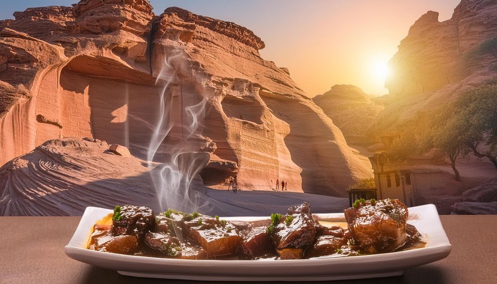 Firefly next to Petra, A luxurious Chinese Sizzling Beef dish, in pink colors, sunset 48821.jpg