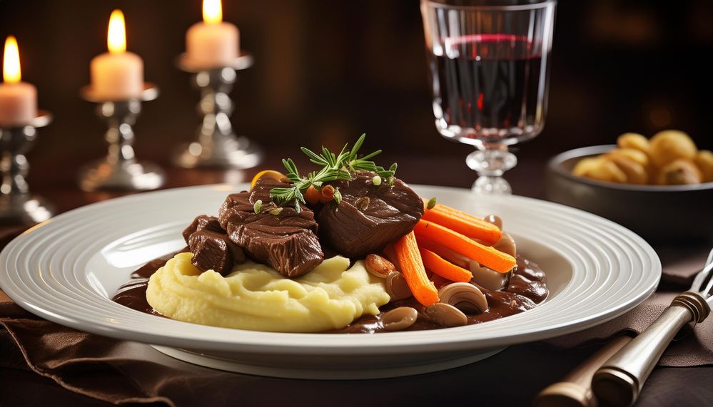 Firefly A white dinner plate with beef Bourgignon, carrots julienned, mushrooms sliced, pearl onions 2.jpg