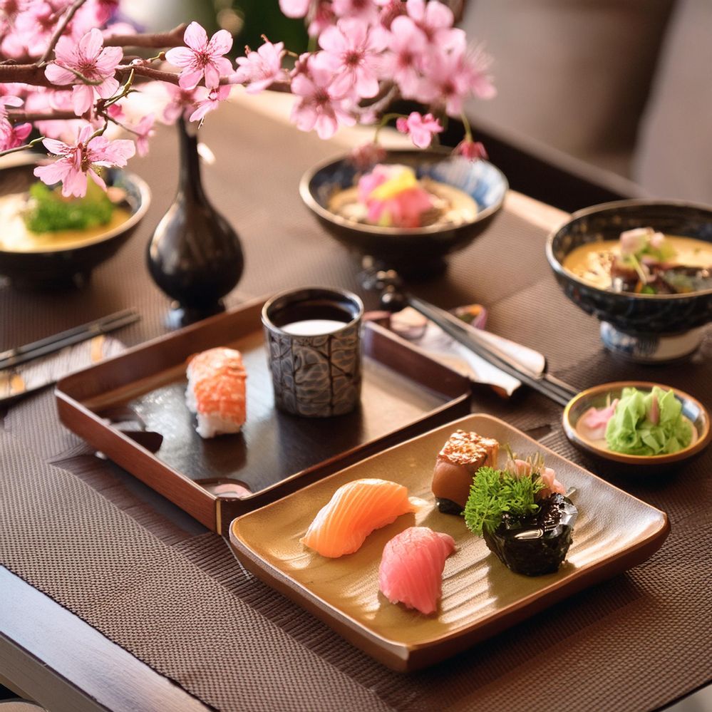 A photo realistic traditional Japanese meal with a beautiful table setting including pink blossoms in a vase