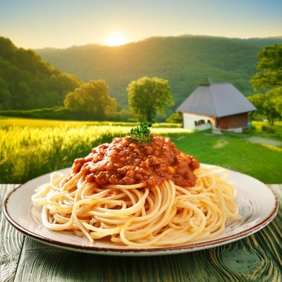 Firefly foto di piatto di spaghetti col sugo abbondante di ragù che sbordano dal piatto su sfondo di.jpg