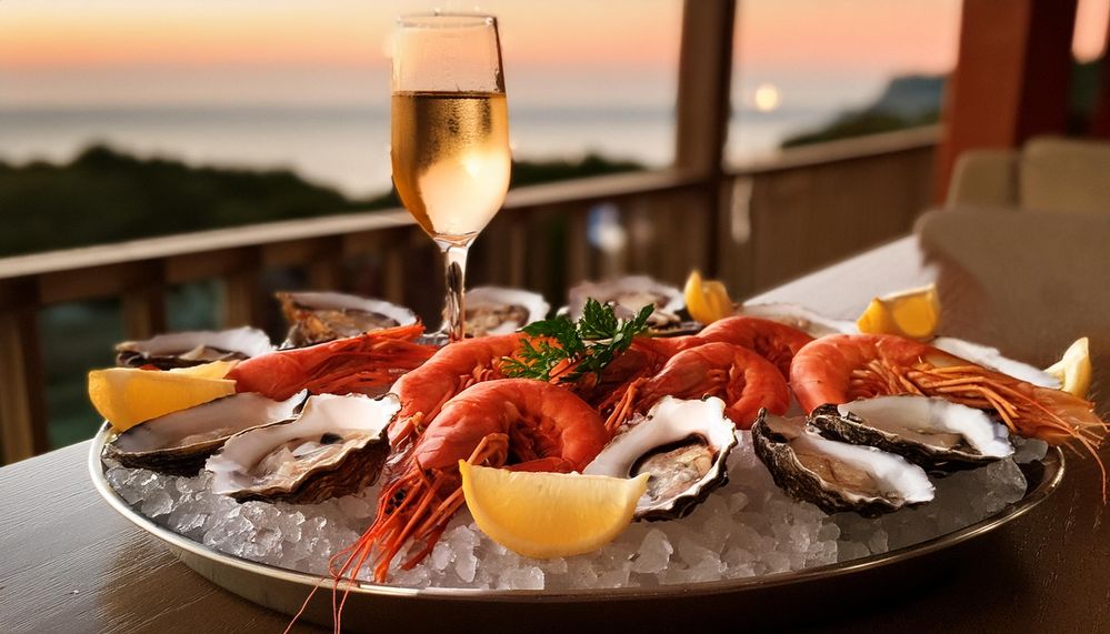 Firefly a seafood platter on a bed of ice in a seaside high class restaurant with a glass of champag.jpg