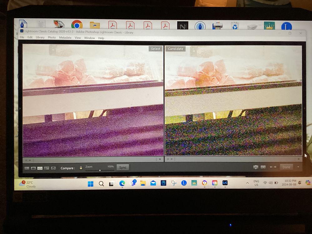 The image taken in Library module compare mode 100%. L to R, Denoise image vs raw image before Denoise