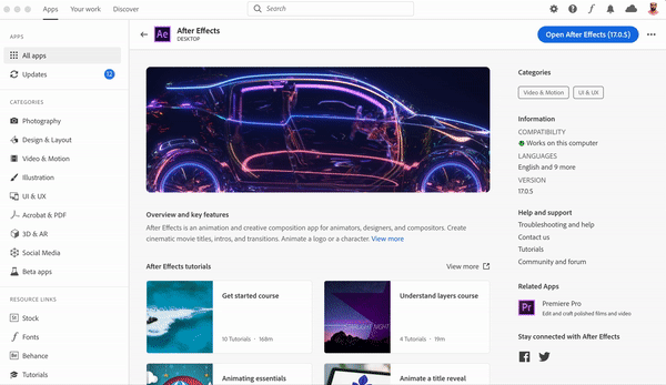 Reinstalling After Effects 17.0.4 from the CC desktop app