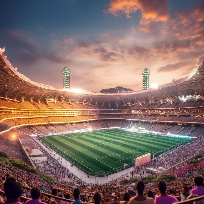 Firefly Craft an image that encapsulates the vibrant ambiance of a soccer stadium. From the roaring .jpg