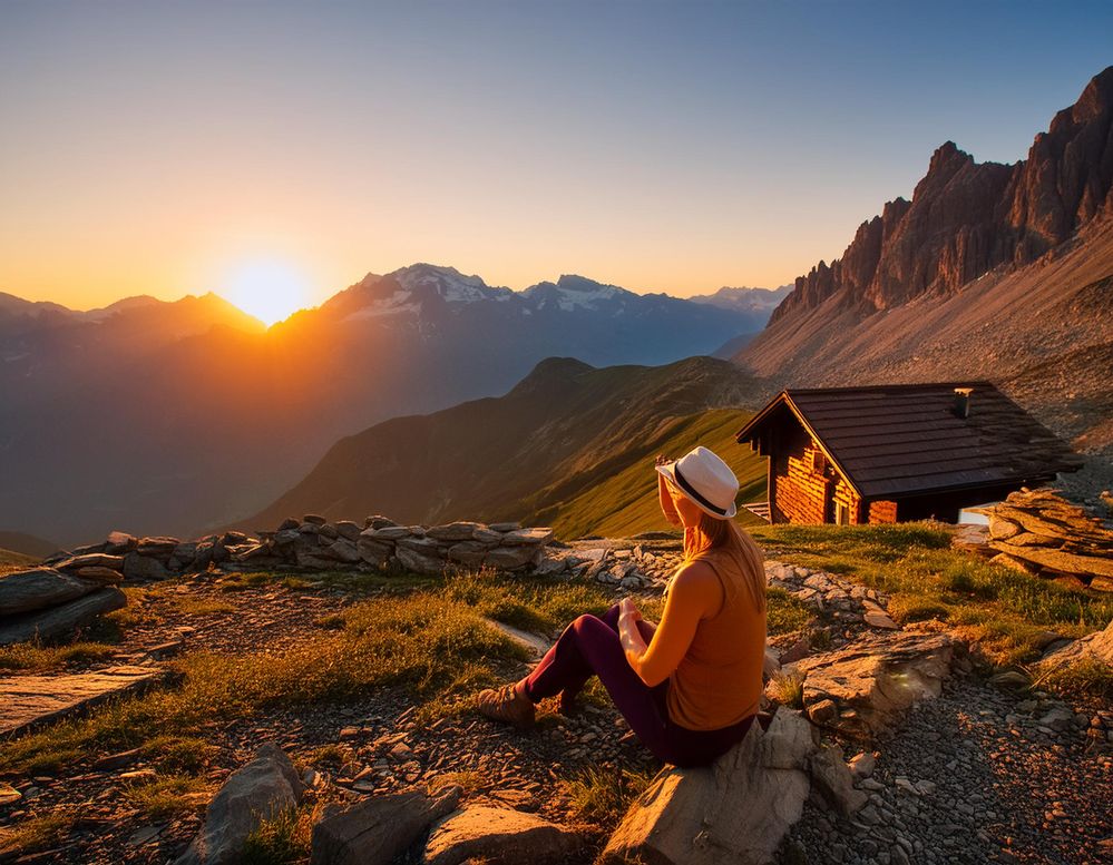 Firefly woman alone on a hike in the alps, sitting outside of a refuge in the evening, rocky lonesom.jpg