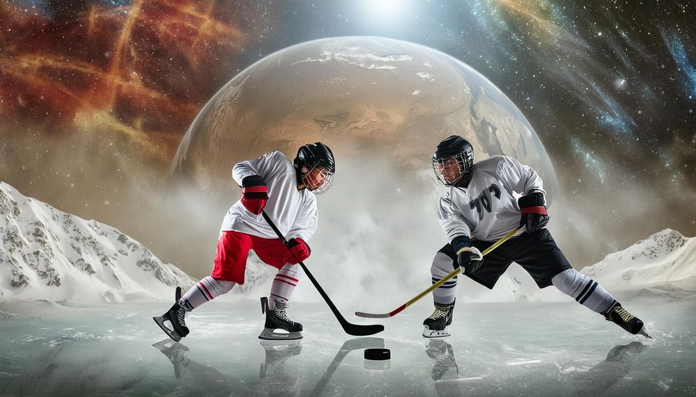 A game of ice hockey in a distant galaxy, players facing off, logos on front jersey, glowing red puck near feet, large planet hovering.