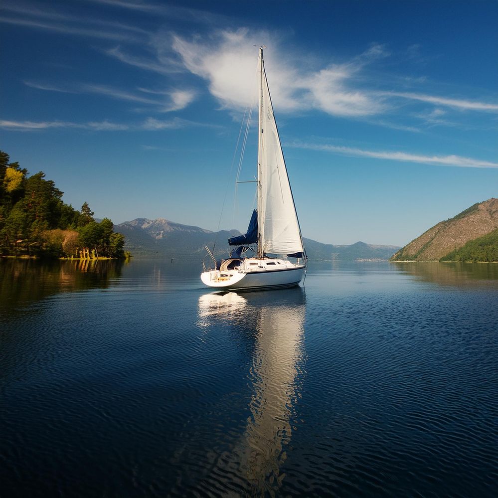 Firefly sailboat on a calm lake with a bright blue sky and mountains in the background 48476.jpg