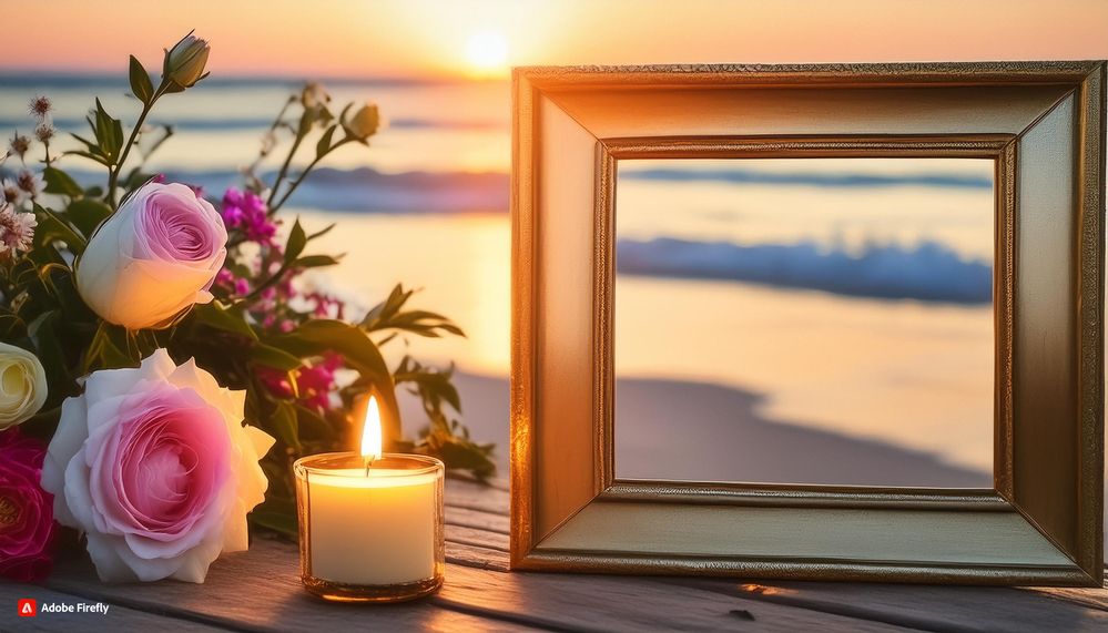 Firefly photo frame with candle and beautiful flowers, the background is the ocean with sunset, hype (1).jpg