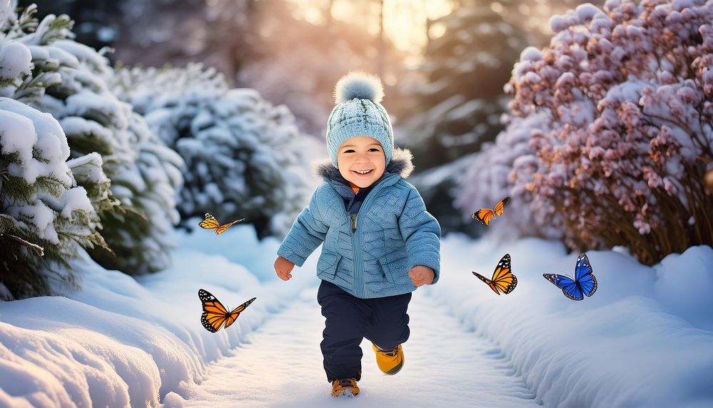 Firefly baby boy running after butterfly in snowy garden 98515.jpg
