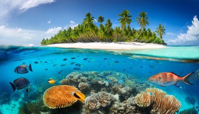 Firefly Stunning colourful coral reef with lost of fish below the water surface with white sandy bea.jpg