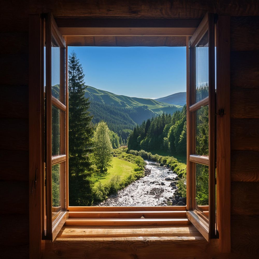 Firefly looking out window of cabin on mountain looking down at a stream. 80903.jpg