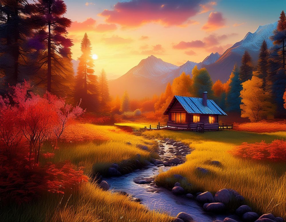 Forest cottage, near a stream, with mountains in the background, surrounded by trees, small path, small meadow, sunrise.