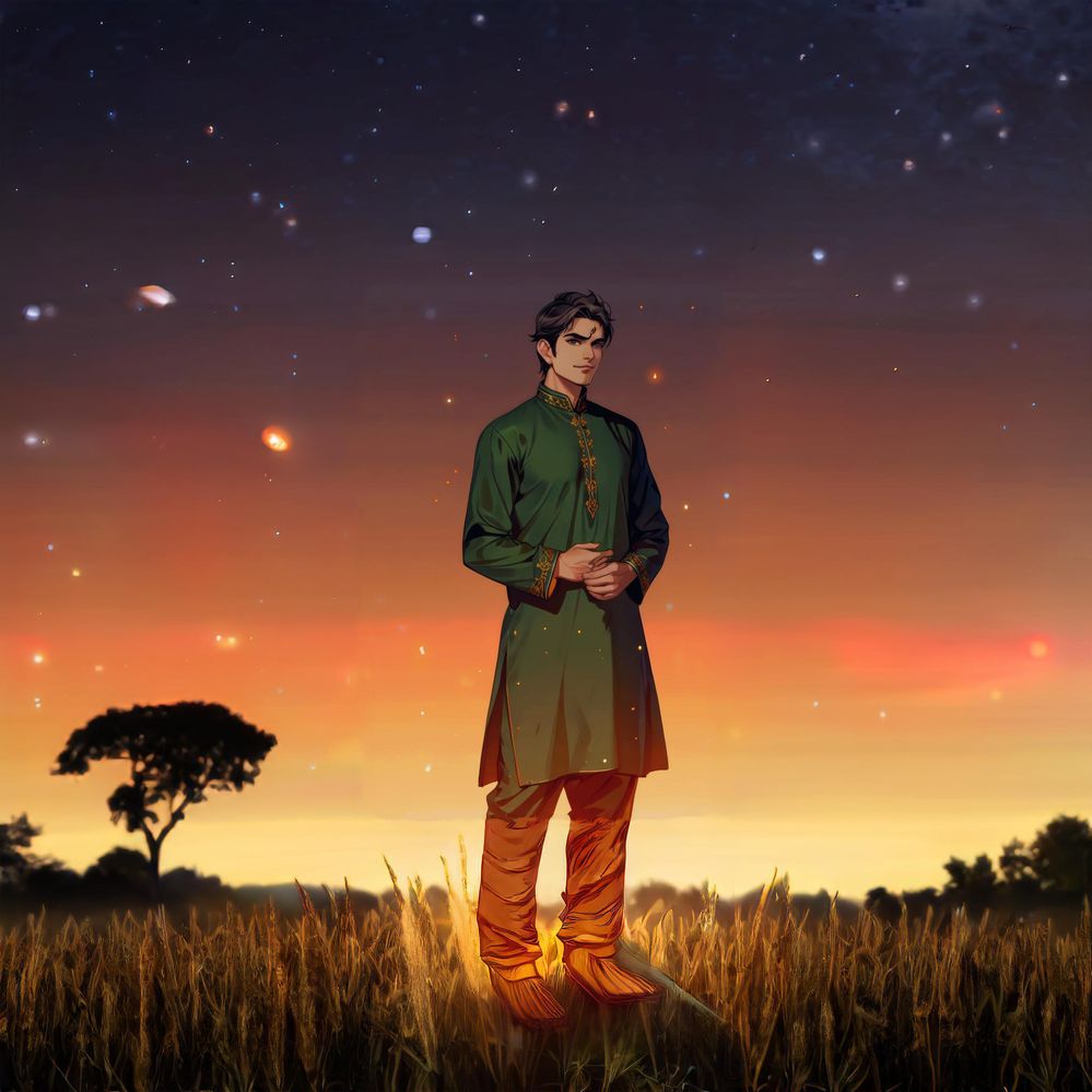Firefly A man wearing a kurta pajama standing on a farm in the night wearing brown footwear 43716 (1).jpg