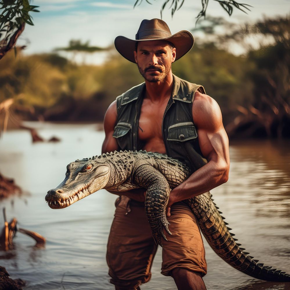 Firefly muscular man wearing leather vest, hat, shorts, holding a crocodile, in bush with river, sto.jpg