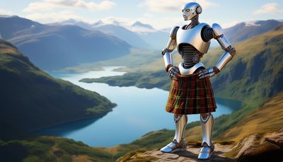 Firefly Full length robot with a kilt, looking off to right, hand on hips while standing on a mounta.jpg