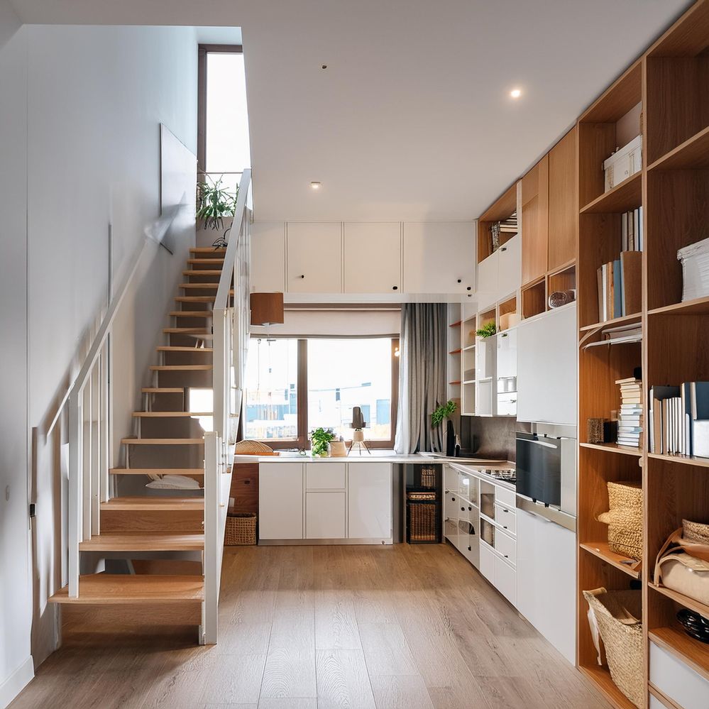 Firefly architectural rendering of the inside of a two storey tiny apartment. White stairs, brown fu.jpg