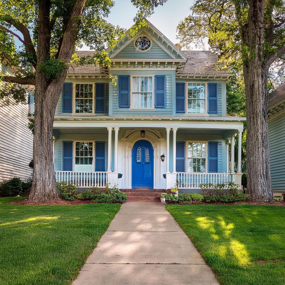 Firefly victorian home, blue shutters and door, two story, green grass front yard with path to door,.jpg