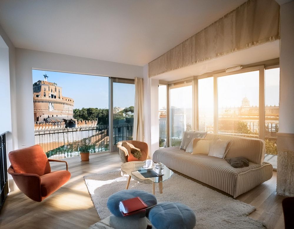 Firefly Rendering of an apartment open space with view on Sant'Angelo Castle in Rome, modern style, .jpg