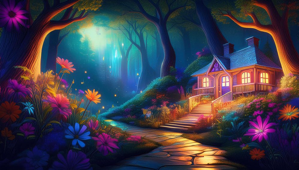 Firefly glowing, house in magical, fantasy world of colour and light, night scene, colourful, bright.jpg