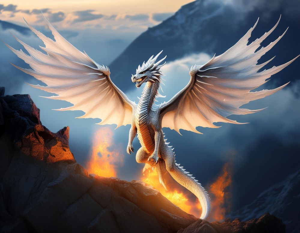 Firefly create a white dragon with large wings, blowing fire and flying on the sky 25406.jpg