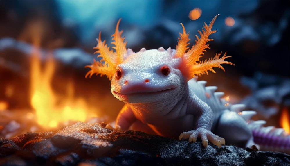 Firefly An axolotl with a fire crest mixed with a lizard in icy cave in which a warm fire burns; blu.jpg