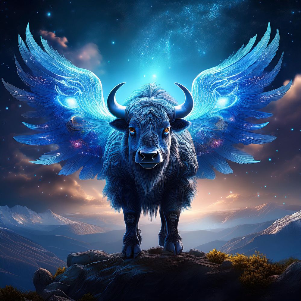 Firefly 3-eyed bison beast with blue fur, magnificent iridescent wings, standing gloriously on a mou (2).jpg